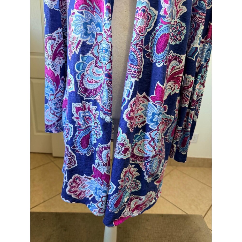 Chicos Ultimate Tee Size 2 Large Paisley Open Front Cardigan Top Pockets Boho - Picture 8 of 13